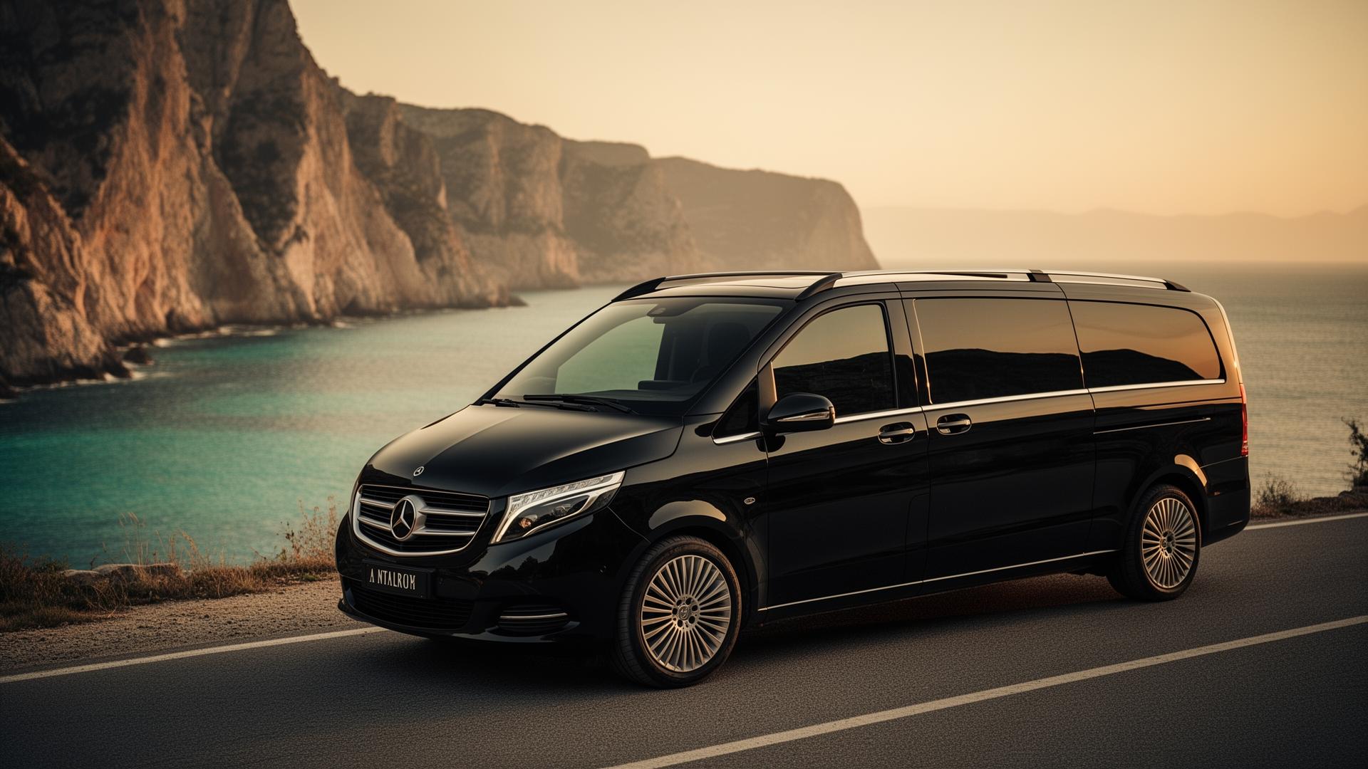 Antalya luxury VIP transfer chauffeur on coastal road at golden hour